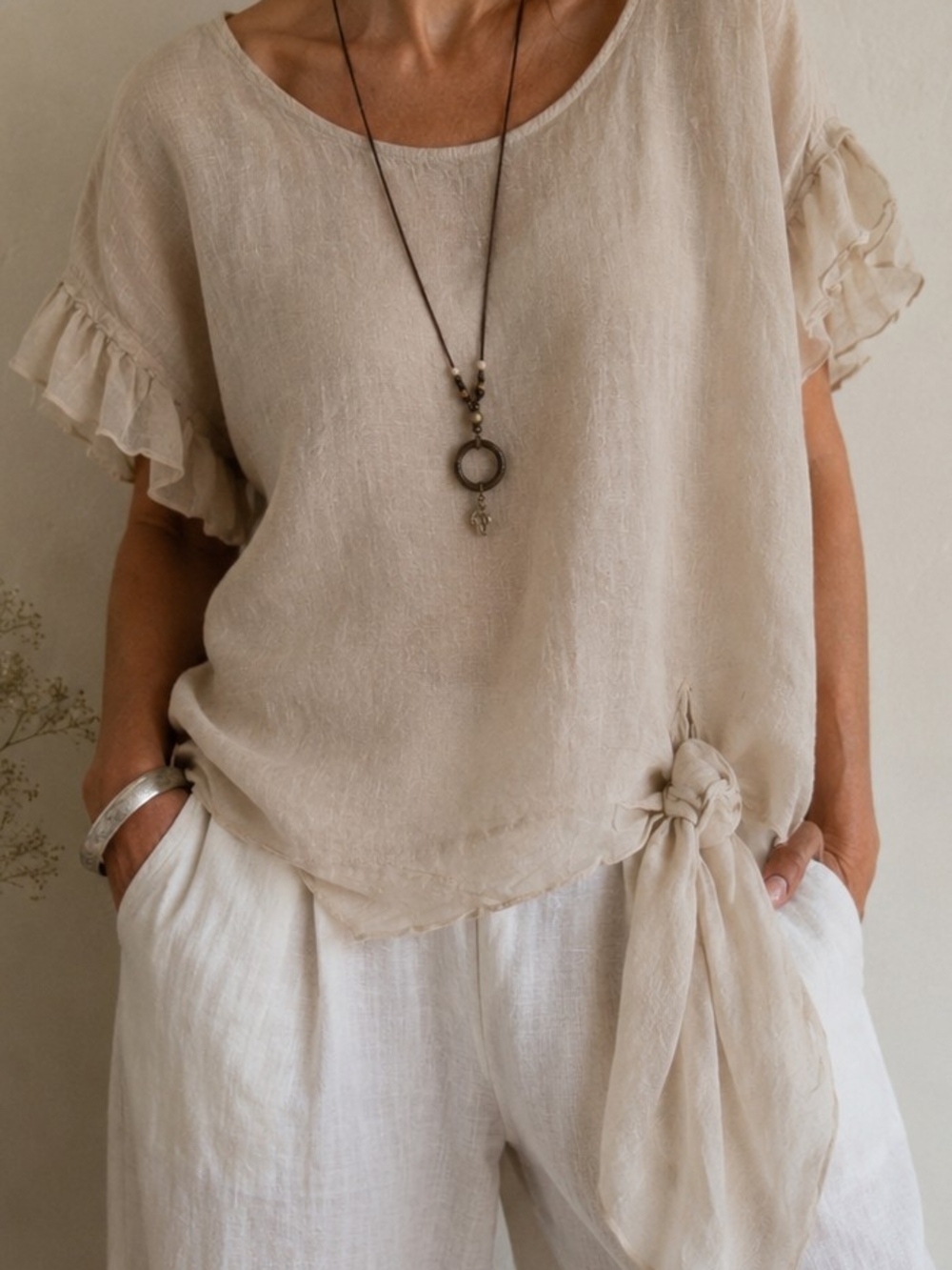 Linen Silk Blend Tie Hem Blouse XL Beige Boho Ruffle Sleeve Top Made in Italy